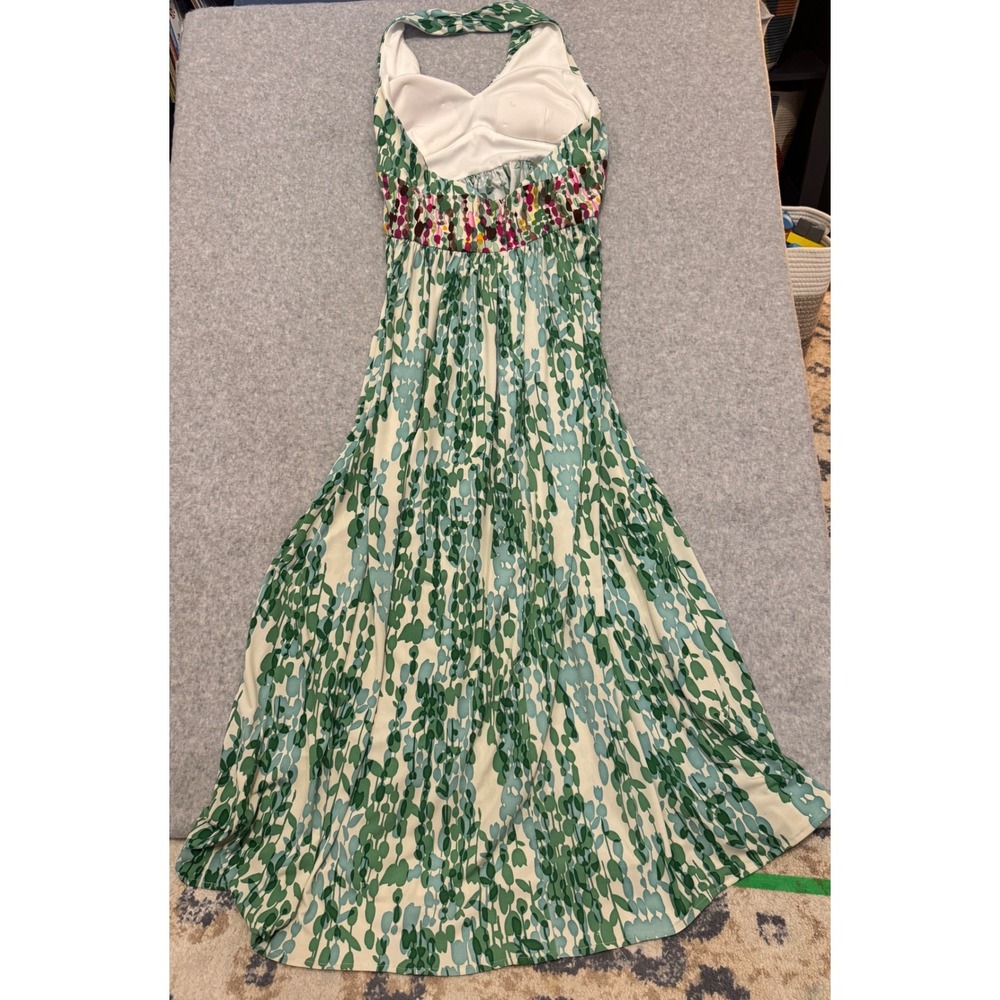 Suzi Chin Maggy Boutique Green Abstract Leaf Halter Maxi Dress Size 8 Y2K - Picture 8 of 12